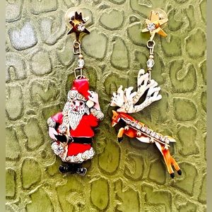 Lunch at the Ritz Christmas dangle earrings for pierced ears. Santa and Rudolph.